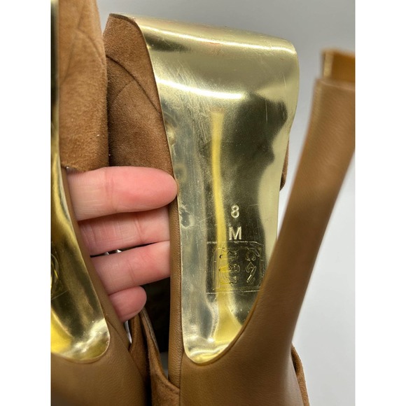 Bebe Size 8M Ultra High Suede Tan Heels with Strappy Design on Foot - Picture 8 of 9